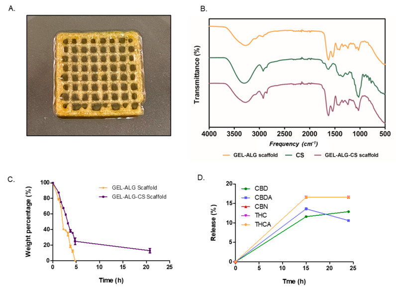(A) Photograph of GEL–ALG scaffold loaded with Cannabis sativa oil. (B) FTIR (C) Metalloproteinase degradation of scaffolds. Variation of weight percentage with time is shown for GEL–ALG scaffold (orange) and GEL–ALG–CS scaffold (violet). (D) Release of Cannabis sativa oil extract. Results are expressed as mean ± SD from triplicate experiments.