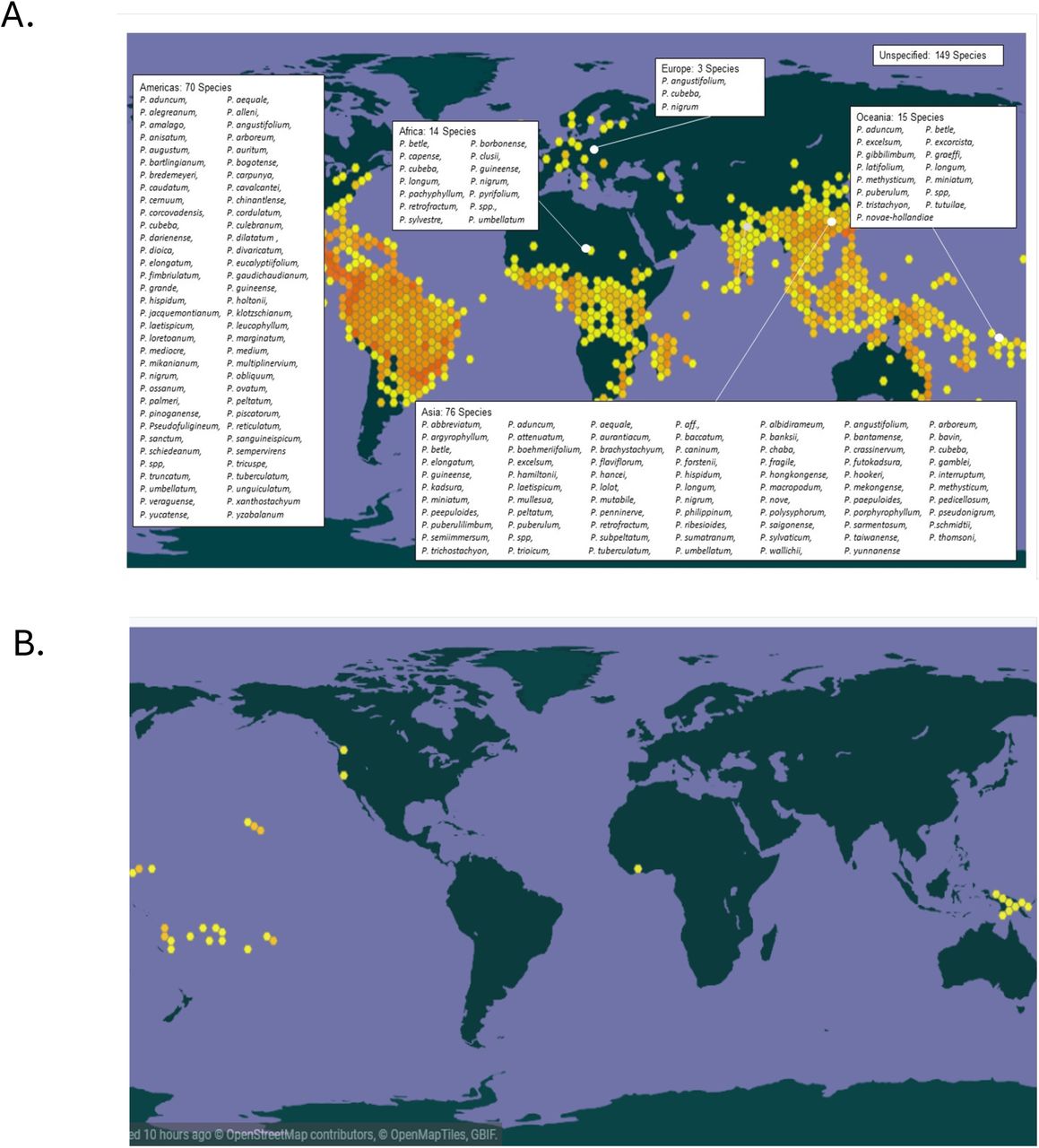 Global distribution of Piper species and geographic specificity of Piper methysticum.A. Map showing the worldwide distribution of Piper spp. documented in the Global Biodiversity Information Facility (GBIF) from 1600 to 2024. Hexagonal density overlays indicating frequency of occurrence. Text boxes highlight the number and identity of species used in traditional medicine within each region. A total of 377,334 occurrences were recorded, with 212,858 georeferenced across 169 countries. Regional representation of medicinally used Piper species includes: Americas (70 species), Asia (76 species), Oceania (15 species), Africa (14 species), and Europe (3 species). B. Georeferenced occurrences (n = 121) of Piper methysticum G. Forst. extracted from the same GBIF dataset. The species is largely endemic to Oceania, with confirmed occurrences concentrated in regions such as French Polynesia, Micronesia, Hawaii, Vanuatu, Papua New Guinea, and Fiji. Additional occurrences likely reflect preserved/voucher specimens rather than in situ populations (e.g., California Department of Food and Agriculture, Les spermaphytes de l’Herbier du Centre National de Floristique de Côte d’Ivoire).