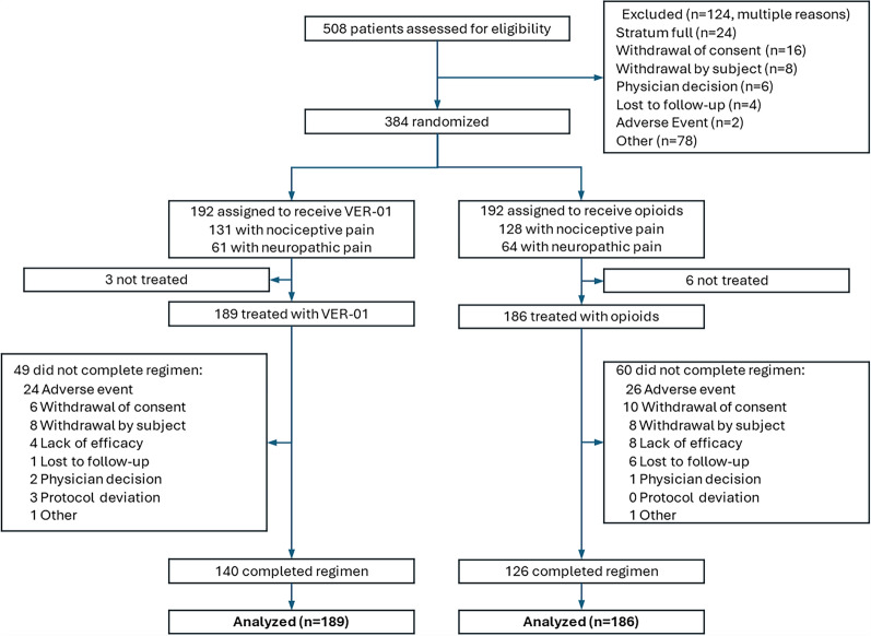 CONSORT trial profile and patient flow. Of the 508 subjects assessed for eligibility, 384 were randomized to receive either VER-01 (n = 192) or opioids (n = 192). A total of 140 participants in the VER-01 group and 126 in the opioid group completed the treatment regimen. The higher discontinuation rate in the opioid arm was primarily driven by lack of efficacy, withdrawal of consent, and loss to follow-up