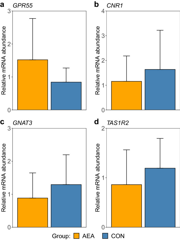 Relative mRNA abundance of (a) G protein-coupled receptor 55 (GPR55), (b) cannabinoid receptor 1 (CNR1), (c) G protein subunit alpha transducin 3 (GNAT3) and (d) taste receptor type 1 member 2 (TAS1R2) in tongue epithelia of cows treated intraperitoneally with NaCl (CON, n = 8) or N-arachidonoylethanolamide (AEA, n = 8). The mean of the observed data ± SD is shown for interpretation.