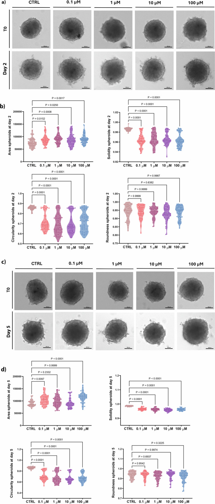 Morphometric analysis of 3D hFOB1.19 under differentiation.a, c Representative brightfield images of hFOB1.19 spheroids after 2 and 5 days of exposure to PFOA, respectively. Spheroids exposed to 0.02% of vehicle (DMSO) were used as the control. Images were obtained using the Light Lionheart FX Microscope. Scale bar = 200 μm (magnification 10×). b, d Morphological parameters of hFOB1.19 spheroids after 2 and 5 days of exposure to PFOA, respectively. ImageJ software determined area, solidity, circularity, and roundness after 2 and 5 days of exposure to different PFOA concentrations (n = 31–40), individual biological replicates. P values indicate the results of comparisons between each PFOA-treated group and the control group. Values of p < 0.05 are considered statistically significant.