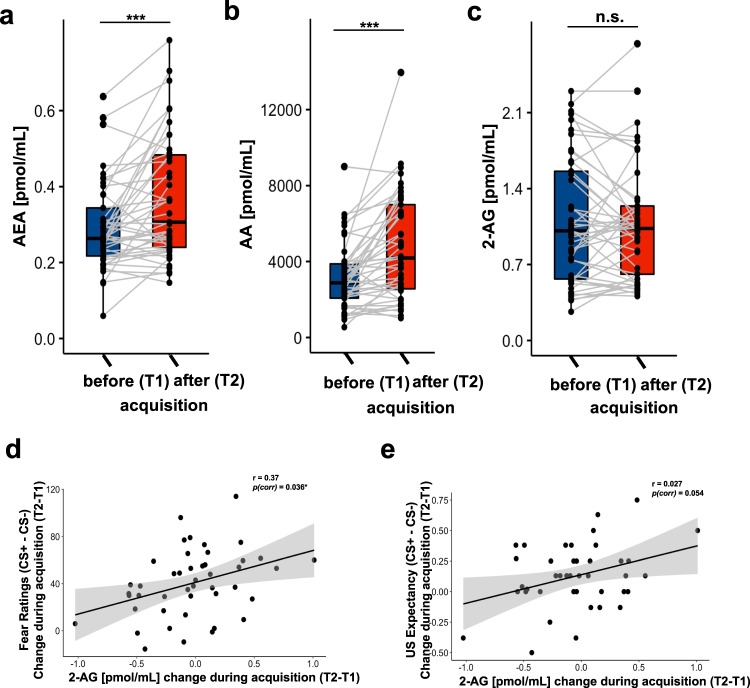 Changes in eCB concentrations during acquisition training.Pair-wise comparisons between a AEA, b AA, and c 2-AG plasma concentration before the acquisition of threat responses (T1, baseline) and after acquisition training (T2). Boxplots illustrate the group concentration average, as well as individual concentration (black point) and their inter-individual change from T1 to T2 (gray lines). Positive correlations reflecting association between the individual increase (from T1 to T2) in differential (CS + -CS-) ratings of fear d and expectancy of the US e with the increases (from T1 to T2) in plasma 2-AG concentration during acquisition of conditioned threat responses.