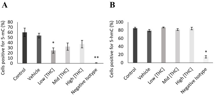 Global methylation levels detected by 5-mC and 5-hmC staining using flow cytometry. A) 5-mC (n = 4) and B) 5-hmC (n = 4) levels in GCs following 24-hour treatment with low (0.032 µM), mid (0.32 µM), and high (3.2 µM) concentrations of THC. Bars represent ± SEM. *p < 0.05, **p < 0.0005