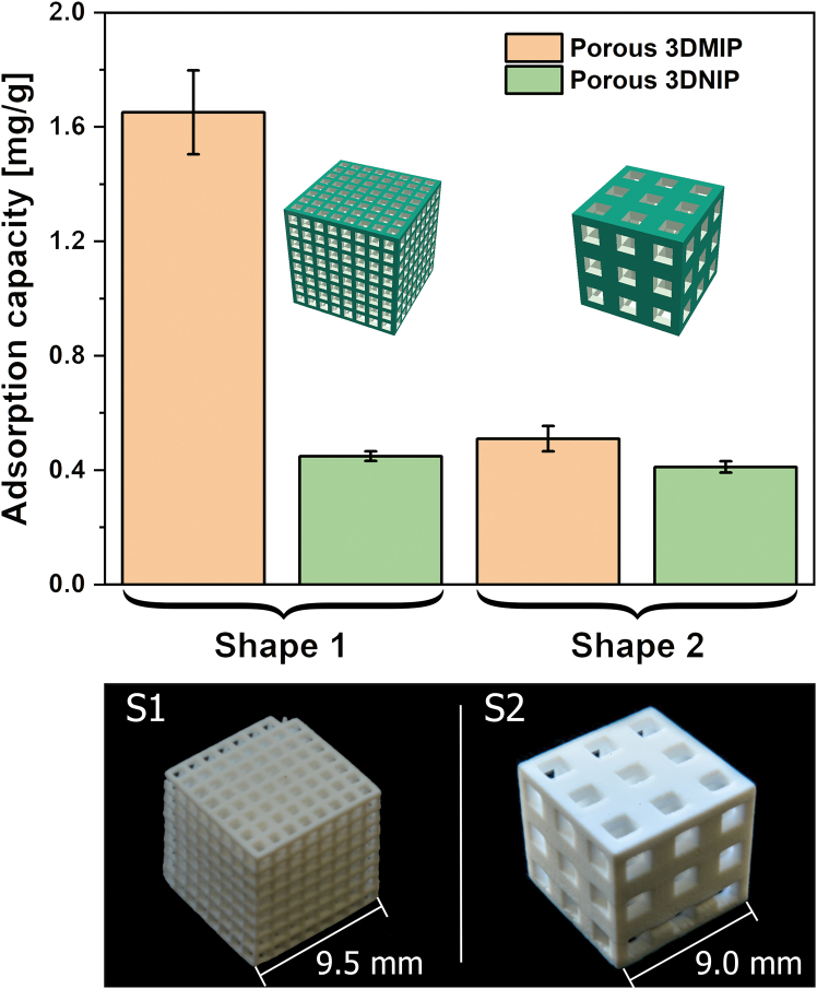(Macro-)geometry-dependent binding behavior of porous 3DMIPs and 3DNIPsTwo distinct lattice geometries — a delicate lattice (S1) and a bulkier structure (S2) — were evaluated for their adsorption capacity in batch binding experiments (60 min incubation with 0.0024 mmol CBD in 100 mL water/methanol 3/1 [v/v], followed by 15-min extraction in 3 mL ethanol). CBD content in the extraction solutions was quantified by UV/VIS spectroscopy. Data are represented as mean of three independent experiments (n = 3), and error bars represent the standard deviations. Photographs of the respective 3D-printed lattice structures are shown below the diagram.