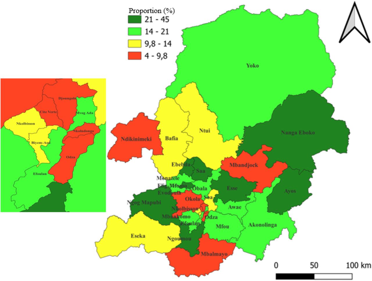 Proportion of malaria cases treated free of charge in Centre Region Health Districts from 2018 to 2022