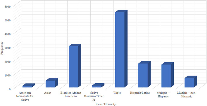 Bar chart showing Race Ethnicity of Youth Risk Behavior Surveillance System (YRBSS) 2013 survey.