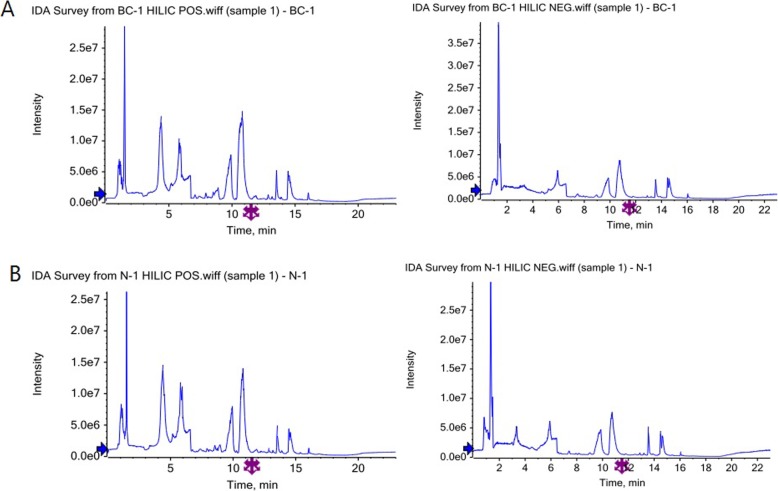 Typical metabolic profile of each group of samples A. Positive and negative ion mode TIC map of BC-1 sample B. Positive and negative ion mode TIC map of N-1 sample