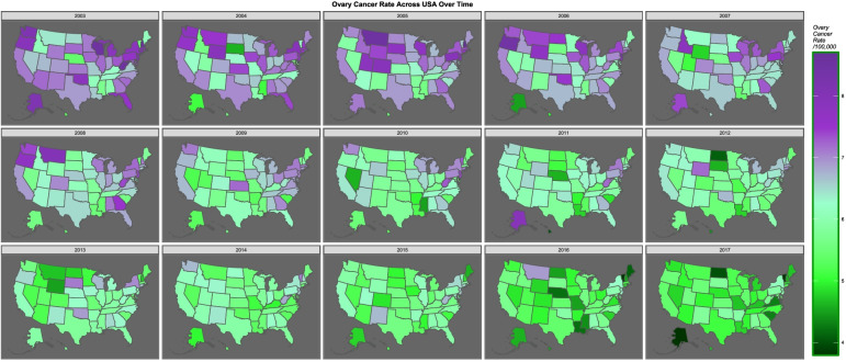 Map-graph of ovarian cancer rates across USA over time