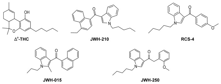 Chemical structures of Δ9-tetrahydrocannabinol (Δ9-THC), JWH-210, RCS-4, JWH-015, and JWH-250.