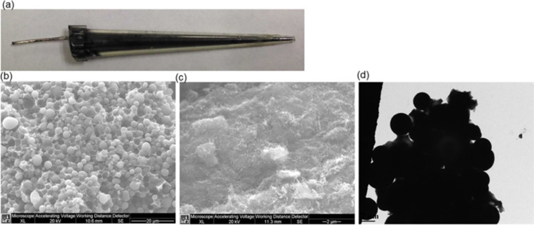 a Optical image of a carbon beads-based sensor. b SEM (scanning electron microscope) images of carbon beads-based sensor. c CNT (carbon nanotube)-based sensor. d TEM (transmission electron microscope) image of carbon beads based sensor. Taken from (Zhang et al. 2019) with permission from Elsevier (Copyright 2019)