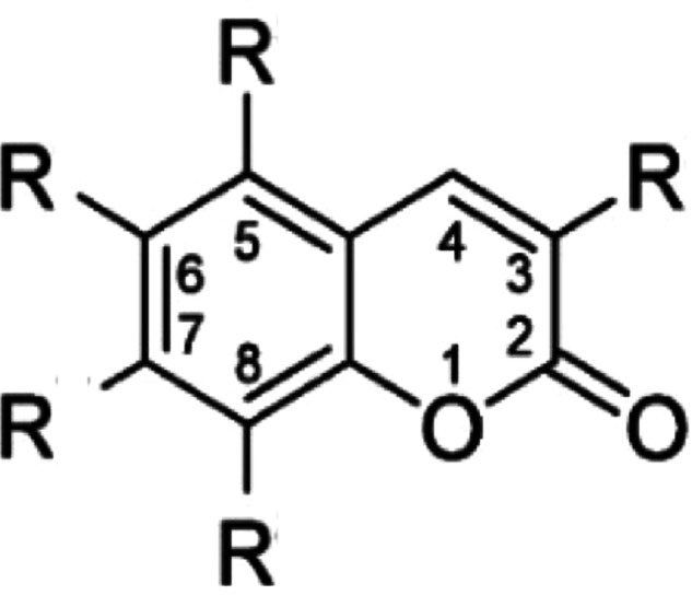 Coumarin scaffold with possible residual groups.