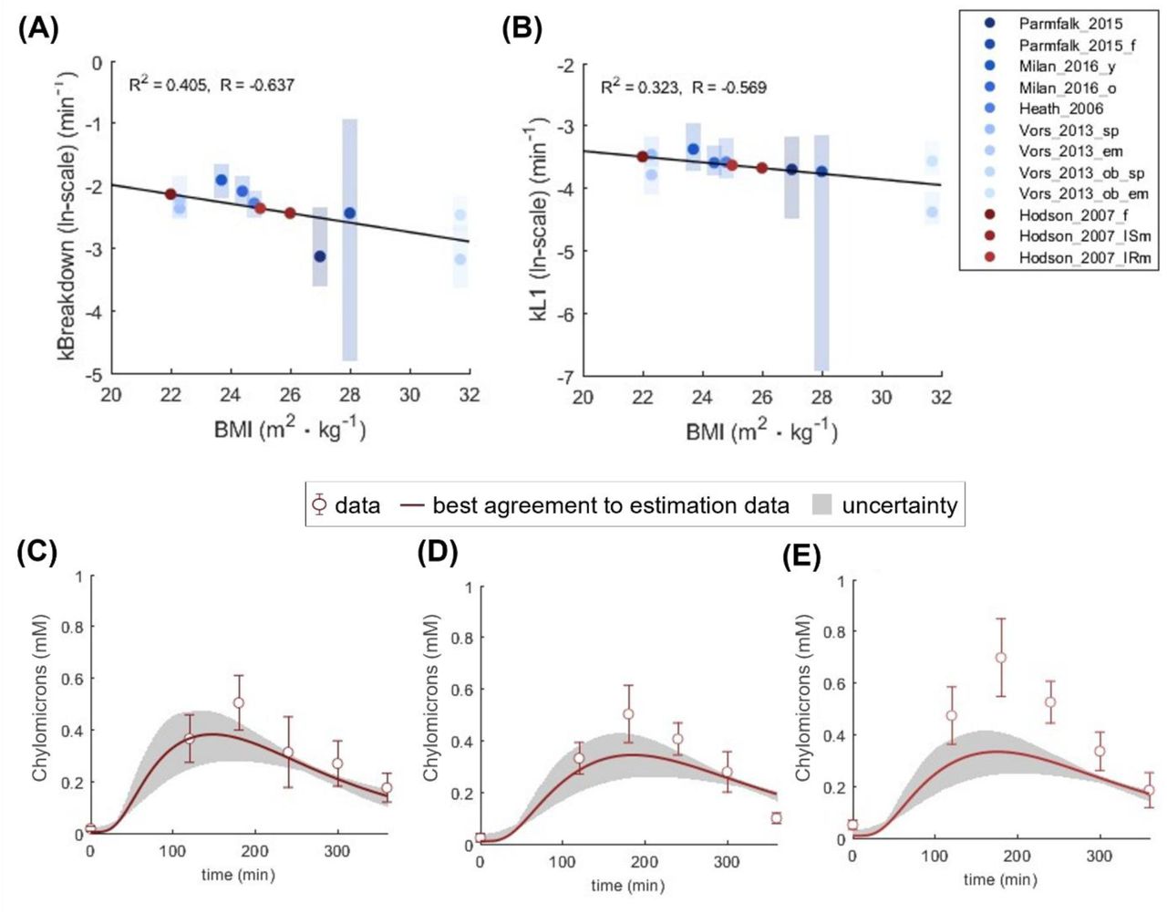 Model predictions of interventions from an independent study (Hodson et al.) (18).For all panels: area indicates model uncertainty, and errorbars represent data. (A) The value of kBreakdown for the new cohorts was estimated using the regression model based on BMI. Dots show best found agreement with data. The line shows trends using linear regression. (B) A corresponding regression model was used to estimate the kL1 values. Dots show best found agreement with data. The line shows trends using linear regression. (C) The model prediction of the cohort comprised of healthy women from Hodson et al. (18). Errorbars show population-data. (D) The model prediction of the insulin sensitive men cohort from Hodson et al. (18). Errorbars show population-data. (E) The model prediction of the insulin resistant men cohort from Hodson et al. (18). Errorbars show population-data.