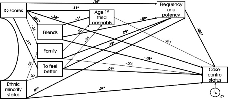 Direct and indirect pathways between IQ, ethnicity, RFUC and case–control status. Significant pathways signified by solid arrows and *; nonsignificant pathways represented by dotted lines. Model fit: χ2 = 12.50, RMSEA = 0.040, comparative fit index CFI = 0.99..
