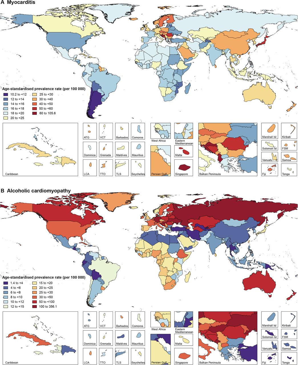 Age-standardised prevalence rates of myocarditis (A) and alcoholic cardiomyopathy (B) for 195 countries and territories, both sexes, 2017ATG, Antigua and Barbuda; Isl, Islands; FSM, Federated States of Micronesia; LCA, Saint Lucia; TLS, Timor-Leste; TTO, Trinidad and Tobago; VCT, Saint Vincent and the Grenadines.