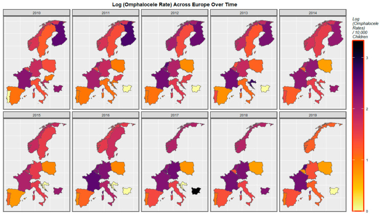 Sequential map-graph of omphalocele across selected European nations for each year of 2010–2019.