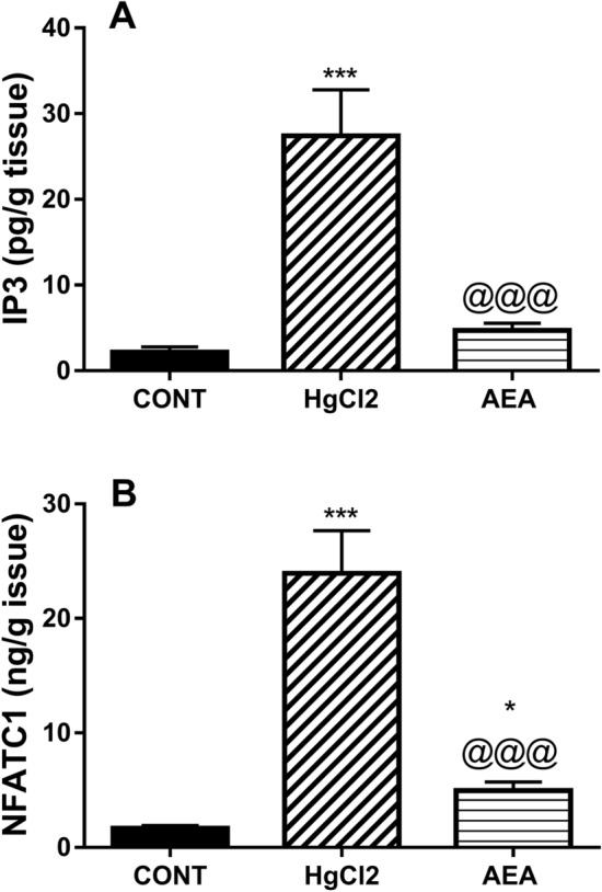 Effect of AEA on renal contents of (A) IP3 and (B) NFATc1 in HgCl2-induced AKI in rats. Data are expressed as the mean of 6 rats ± SD. *P < 0.05 and ***P < 0.001 compared with CONT and @@@P < 0.001 compared with HgCl2 groups using one-way ANOVA followed by Tukey's Multiple Comparison post hoc test. AEA anandamide, AKI acute kidney injury, CONT control, HgCl2 mercuric chloride, IP3 inositol trisphosphate, NFATc1 nuclear factor of activated T-cells cytoplasmic-1.
