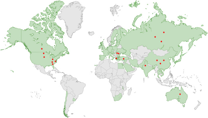 Hemp cultivation (Dhondt & Muthu 2021) and ongoing research in different countries and regions. Green denotes countries involved in hemp cultivation and red stars denote research involving herbicide application on hemp