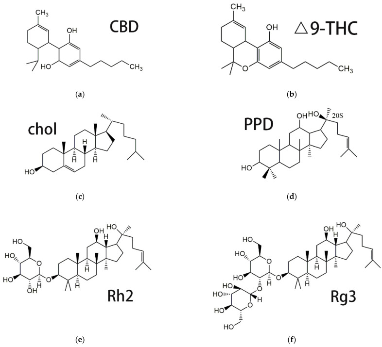 Chemical structure of CBD (a), Δ9-THC (b), Chol (c), PPD (d) and ginsenoside Rh2 (e) and Rg3 (f).