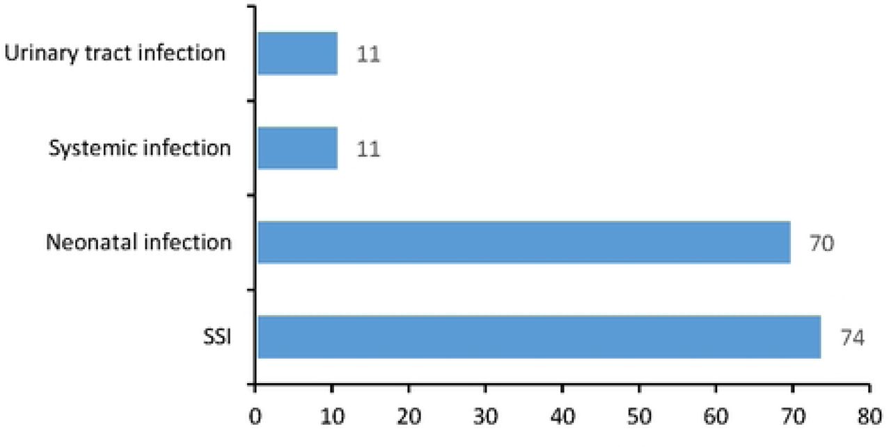 Distribution of healthcare-associated infection(n=166), multicenter longitudinal survey, Bobo-Dioulasso 2022.