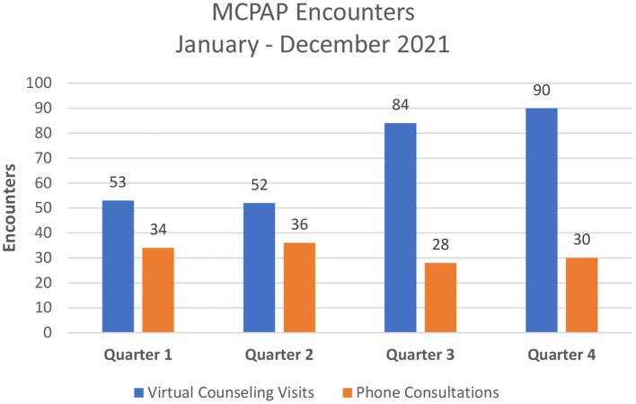 Number of virtual counseling visits and phone consultations per quarter.