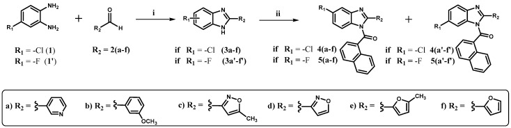 Synthesis of (5-chloro-2-(aryl)-1H-benzimidazol-1-yl)(naphtalen-1-yl)methanone, (5-fluoro-2-(aryl)-1H-benzimidazol-1-yl)(naphtalen-1-yl)methanone and its regioisomers. Reagents and conditions: (i) for aldehydes: DMF, MgCl2·6H2O (10mol%,) rt, 24 h; for carboxylic acids: polyphosphoric acid (PPA), 180 °C, 3 h. (ii) 1-naphthoyl chloride, NaH, N2, dry THF, rt, 30 min. The framed structures show R2, which represents the substituents at position 2 of the benzo[d]imidazole core, derived from the aldehydes or carboxylic acids used, as indicated in the reagents and conditions.