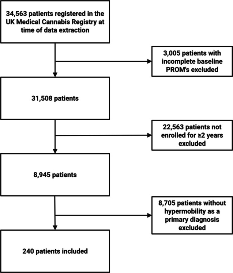 Patient eligibility flow chart showing the inclusion and exclusion of patients from the UK Medical Cannabis Registry