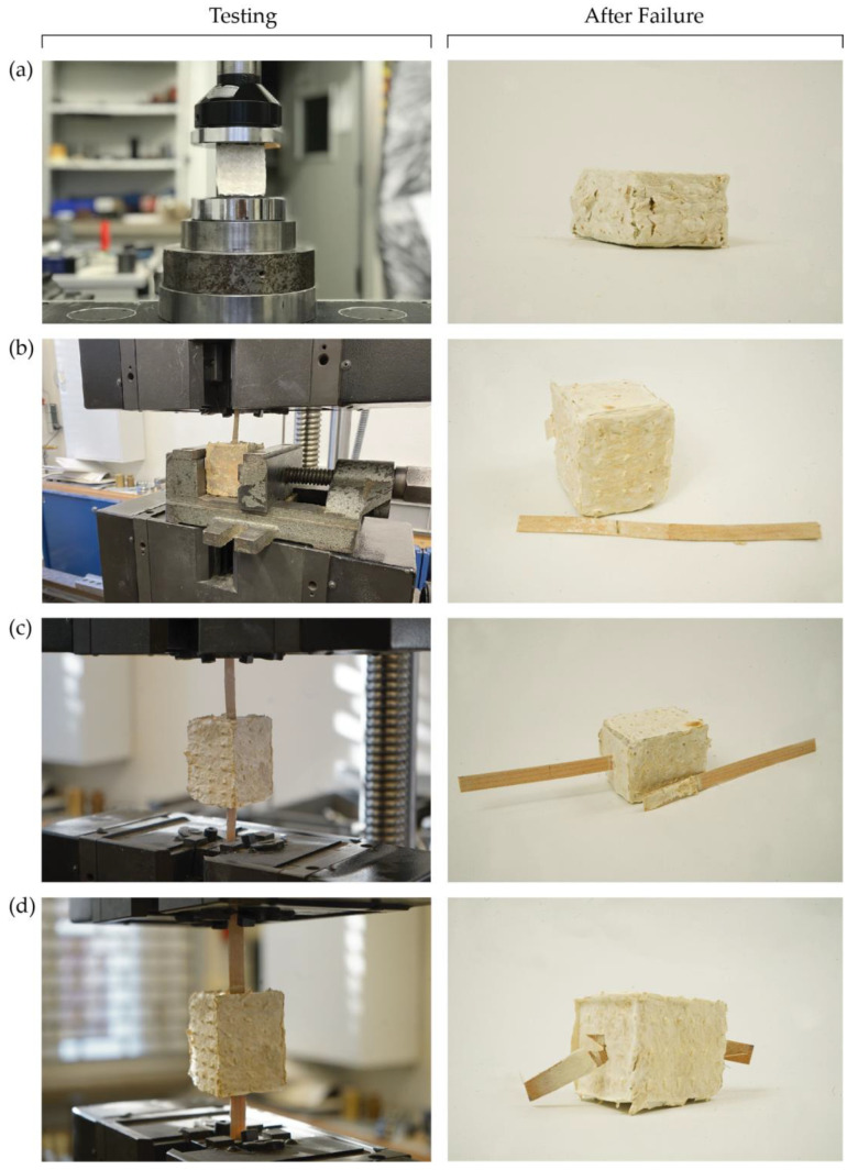 Samples during testing and after failure: (a) Compressive strength test; (b) One-side veneer pull-out test; (c) Two-side unwelded veneer pull-out test; (d) Two-side welded veneer tensile test.