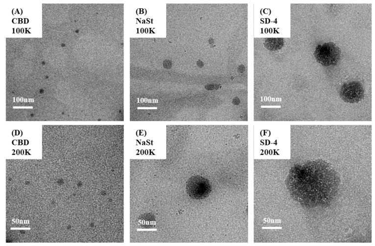 Transmission electron microscopy images of nanostructures observed after 24 h dissolution in 2% Tween 80 and 0.01 M phosphate-buffered saline (pH 7.4) showing raw cannabidiol (A,D), sodium stearate (B,E), and SD-4 formulation (C,F) captured at 100,000× magnification (A–C) and 200,000× magnification (D–F).