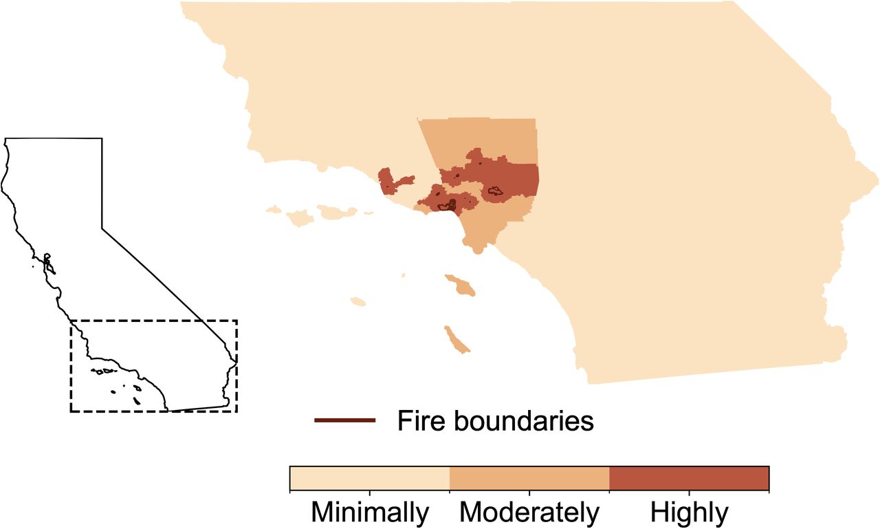 The seven January 2025 Los Angeles (LA) wildfires overlaid with highly, moderately, and minimally exposed census tracts.The three exposure categories included: (1) highly exposed census tracts within 20km of a wildfire burn zone; (2) moderately exposed census tracts >20km from a wildfire burn zone but within LA County; (3) minimally exposed census tracts outside LA County but within the Kaiser Permanente Southern California catchment area. The map depicts the maximum wildfire burn zone reached by the seven LA wildfires as of January 17, 2025.