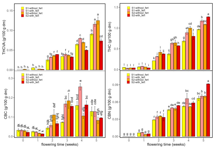 Psychoactive cannabinoids and related derivatives in Enectaliana cultivated with or without fertilizer, from 0 to 5 flowering weeks for two planting densities (Sector 1 (S1) ≈ 2.3 plants m−2; Sector 2 (S2) ≈ 4.6 plants m−2): THCVA, THC, CBC and CBN. Different letters indicate significant differences (p < 0.05).