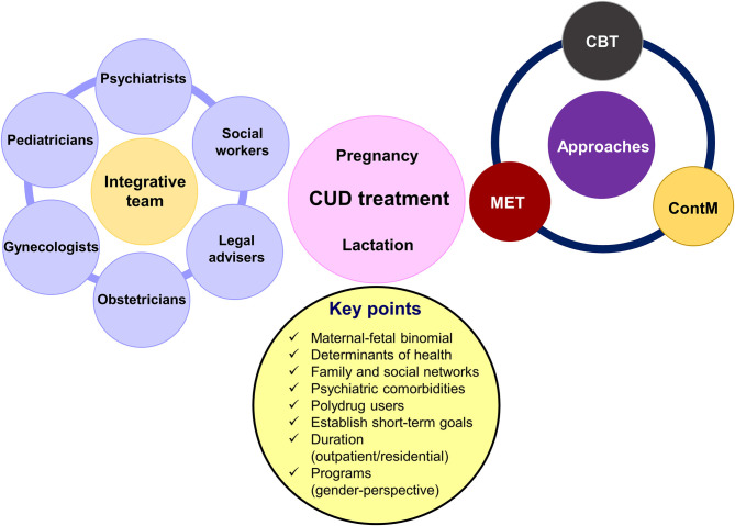 Main characteristics of comprehensive treatment for women affecting by cannabis use disorder (CUD) during pregnancy and lactation. MET, motivation enhancement treatment; CBT, cognitive–behavioral coping skills training; ContM, contingency management approach.