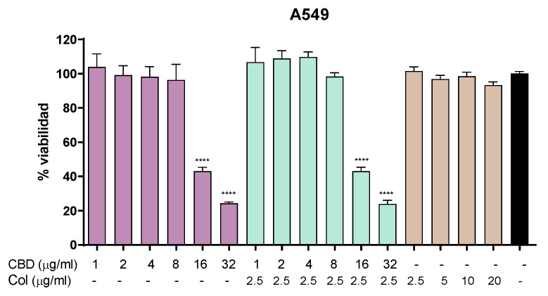 Cytotoxicity in A549 cell line. MTT assay showing cell viability after 24 h of treatment with CBD, colistin, or the combination. One-way ANOVA followed by Dunnett’s post hoc test, with each condition compared to the control of untreated cells (black bar); n = 5. Statistical significance: **** p < 0.0001.