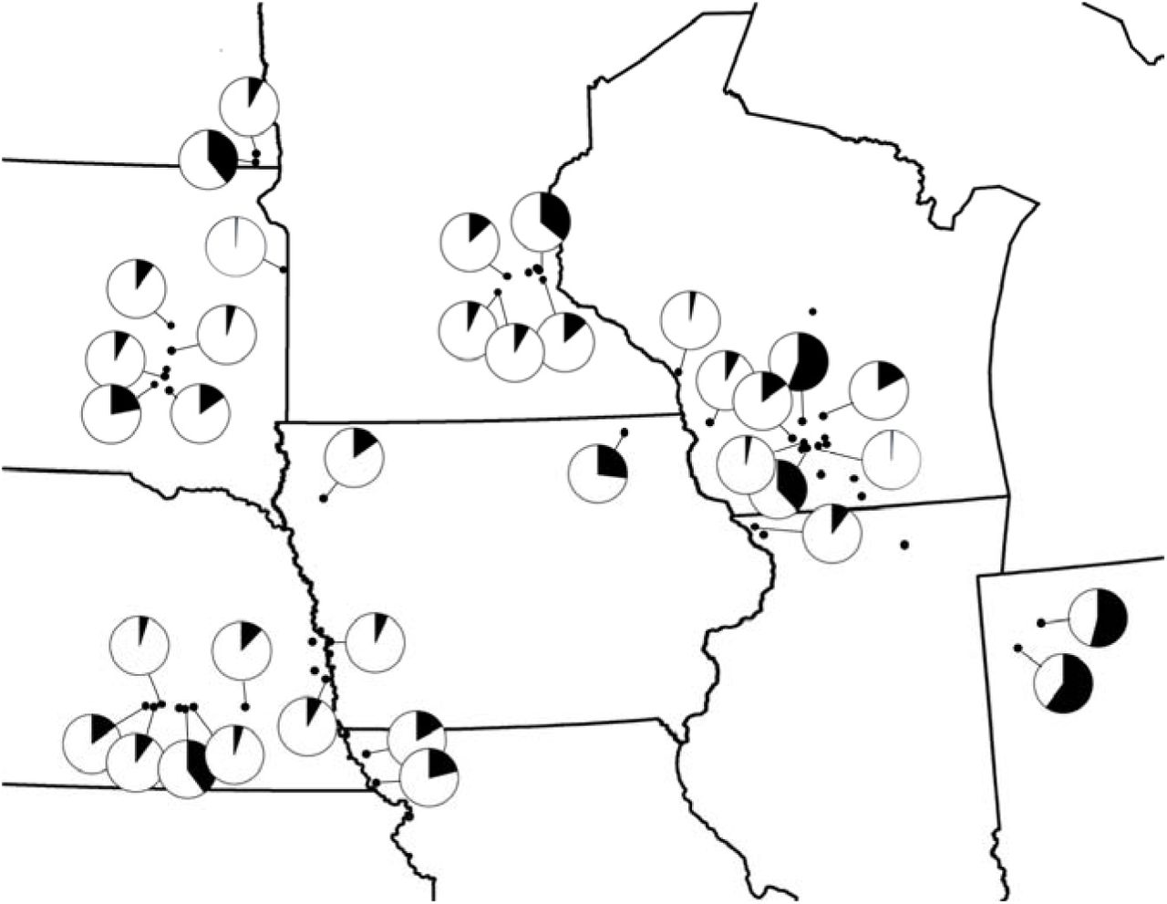 CBDAS allele frequency variation among populations with >/= 10 resolved genotypes. Population localities are indicated by small black circles. Pie-charts display the proportion of functional (CF; white) and non-functional (CX; black) CBDAS alleles observed within populations among individuals for which a CBDAS genotype was resolved. Populations not linked to a chart are fixed where fCF = 1.