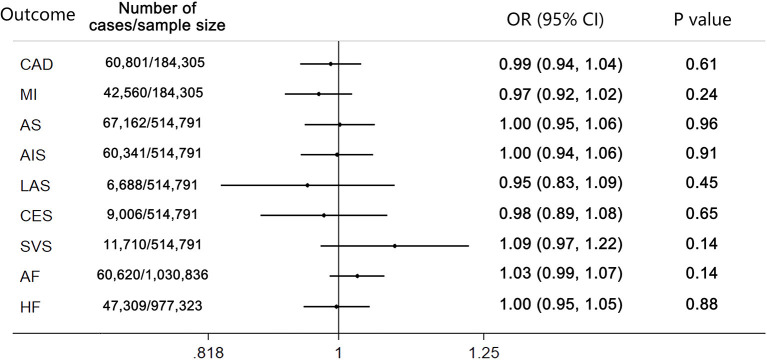Mendelian randomization analysis estimates for cannabis use on risk of cardiovascular diseases. p-value for the association between the SNPs and outcomes. CAD, coronary artery disease; MI, myocardial infarction; AS, any stroke; AIS, any ischemic stroke; LAS, large artery stroke; CES, cardioembolic stroke; SVS, small vessel stroke.