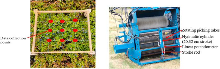 (a) Fruit height data collection quadrant. (b) Wild blueberry harvester header.