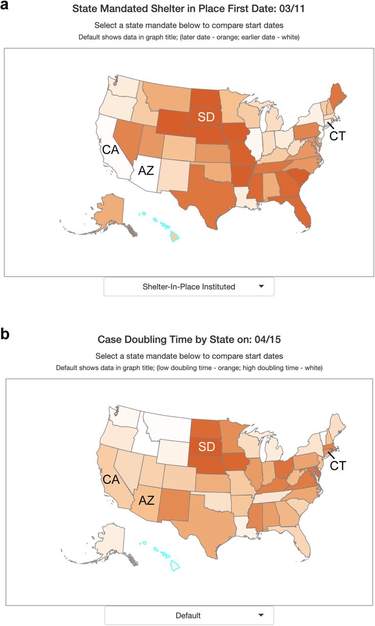 Effect of shelter in place orders on doubling time.A. States within the United States are color-coded by percentile of date to implement state mandated shelter in place. White indicates earlier dates (among states) while dark orange indicates later dates or no state mandate.B. States within the United States are color-coded by percentile of case doubling time on April 15, 2020. Dark orange indicates a fast doubling time (among states), white indicates a slow doubling time.