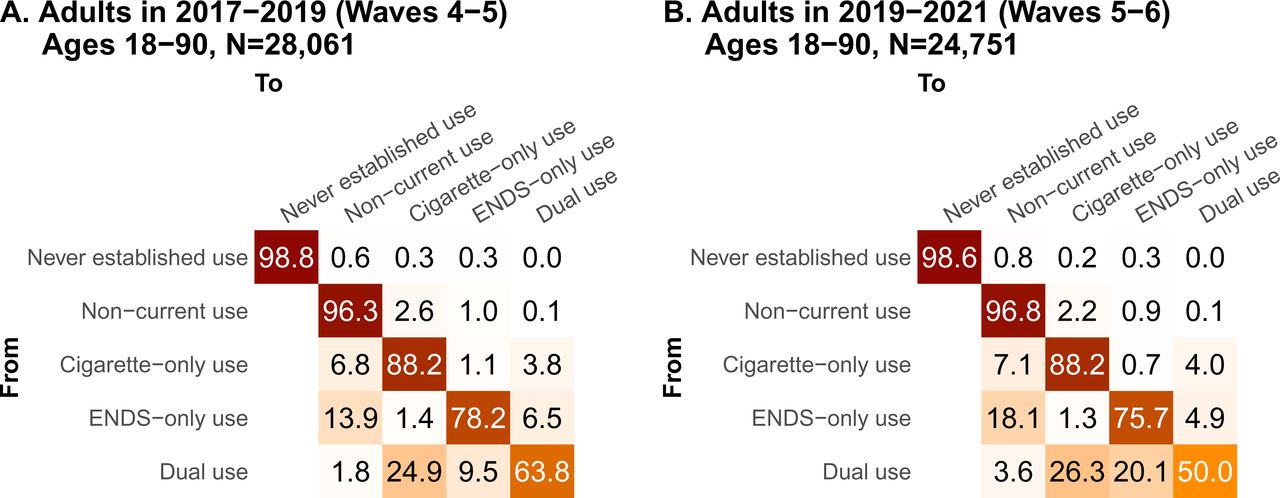 One-year transition probabilities for adults in A. 2017–19 (Waves 4–5), and B. 2019–21 (Waves 5–6). Confidence intervals, including previous results from 2015–17 (Waves 2–4), are shown in Figure S2. The transitions weighted by each use state’s prevalence are given in Figure S4.