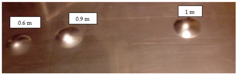 Tested metal sheet deformation after the impact of 1 kg weight from different heights: 0.6, 0.9, and 1.0 m.