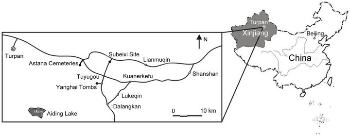 Map of the location of the Astana Cemeteries (adapted from [14], modified).