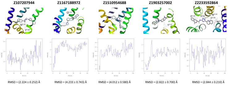 Results of the MD simulations for CXCR3 for five proposed compounds. (Top) The interactions between the receptor and the ligand obtained for 100 ns of the simulation. The receptor was shown in the red-to-blue color scheme; yellow dashed lines—hydrogen bonds; blue dashed lines—pi-pi stacking. The residues have been labeled using Ballesteros–Weinstein numbering system [90]. (Bottom) The RMSD computed for each of the ligands over the 100 ns simulation, as well as the average RMSD with its fluctuation range.