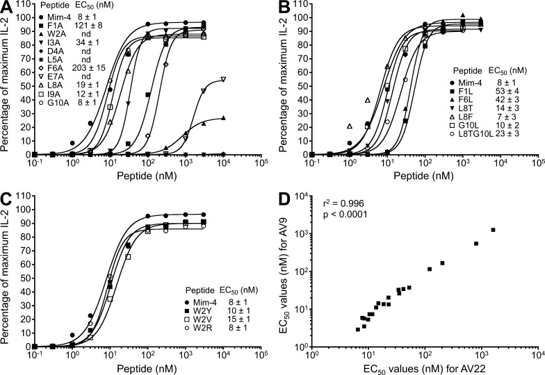 Be-specific T cell hybridoma response to alanine substitutions and analogues of mimotope-4. Peptide dose–response curves were completed for T cell hybridoma AV22. (A–C) Equal numbers of AV22 cells and DP2.21 antigen-presenting cells were mixed with 75 µM BeSO4 and the following highly purified peptides: peptides with single alanine substitutions at each position of mimotope-4 (A), analogues of mimotope-4, selected based on the demonstrated potency of other mimotopes (B), and mimotope-4 variants at the p2 position of the peptide (C). IL-2 secretion was measured by ELISA after 22 h of culture, and data are plotted as the percentage of maximum IL-2 secretion against peptide concentration in the presence of BeSO4. EC50 values (mean ± SEM nM) for mimotope-4 and each variant peptide from four independent experiments are shown. Note that error bars have been left out for viewing clarity. (D) Correlation of EC50 values of all variants of mimotope-4 between hybridomas AV22 and AV9.