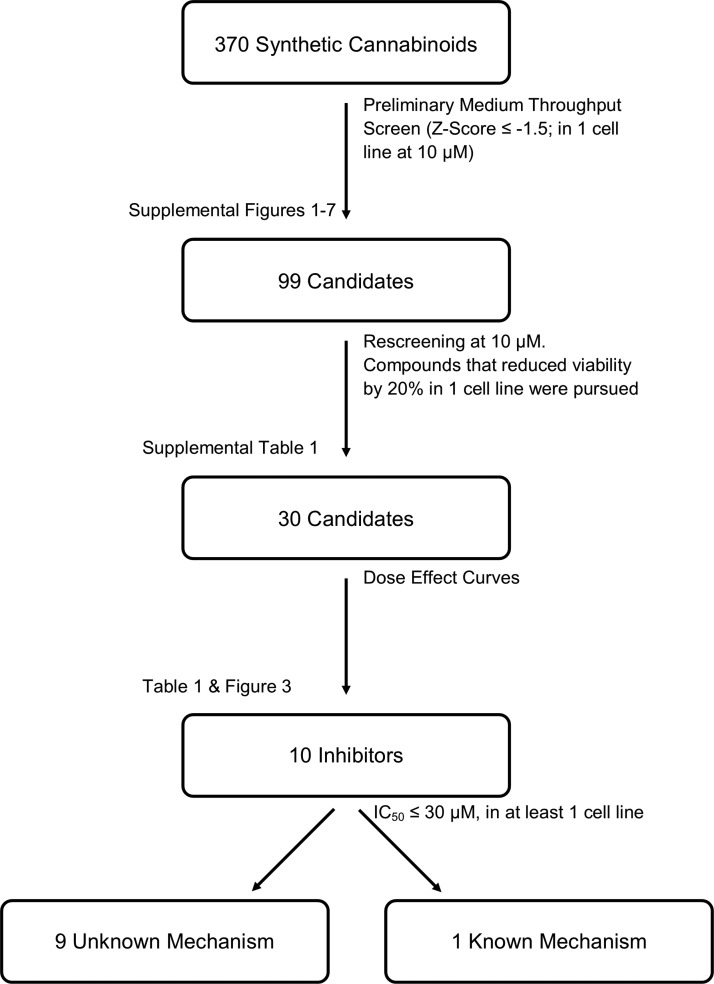 Cannabinoid screening protocol. This schematic illustrates the procedure used for screening the 370 synthetic cannabinoid library against seven CRC cells.