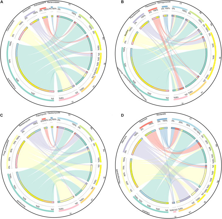 Circos plot showing the distribution proportion of core microbiota among plant compartments. (A) Core bacterial phyla. (B) Core bacterial genus. (C) Core fungal phyla. (D) Core fungal genus. Ct, Rs, Ro, St, Le, and Fl represent bulk soil, rhizosphere soil, root endosphere, stem endosphere, leaf endosphere, and flower endosphere, respectively.