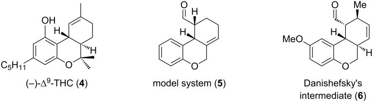 Intermediates towards the total synthesis of (−)-Δ9-tetrahydrocannabinol (4).