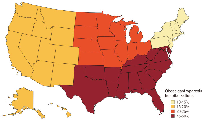 Map demonstrating the distribution of obese gastroparesis hospitalizations in the United States from 2007-2017.