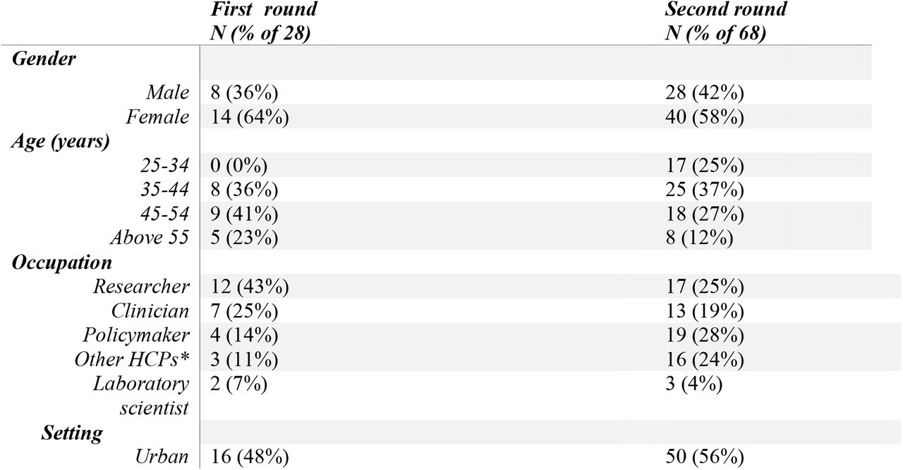 Participant socio-demographic characteristics for both rounds in the modified Delphi survey