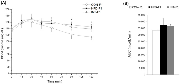Intraperitoneal (ip) glucose tolerance (A) and insulin sensitivity test (C) and their respective areas under the curve (AUC) of each test (B,D) in male pups at 60 days of life according to the type of diet of mothers (n = 6 CON group; n = 5 HFD group; n = 6 INT group). Plasma lipids (E), liver lipids (F), and plasmatic hormone levels (G) in pups according to type of diet of the mothers (n = 5 CON-F1 group, n = 5 HFD-F1 group, and n = 5 INT-F1 group). All pups were fed a control diet during the 120 days of life after weaning. Data presented as mean ± SEM, analyzed with Kruskal–Wallis test, Dunn’s post-hoc, * p < 0.05.