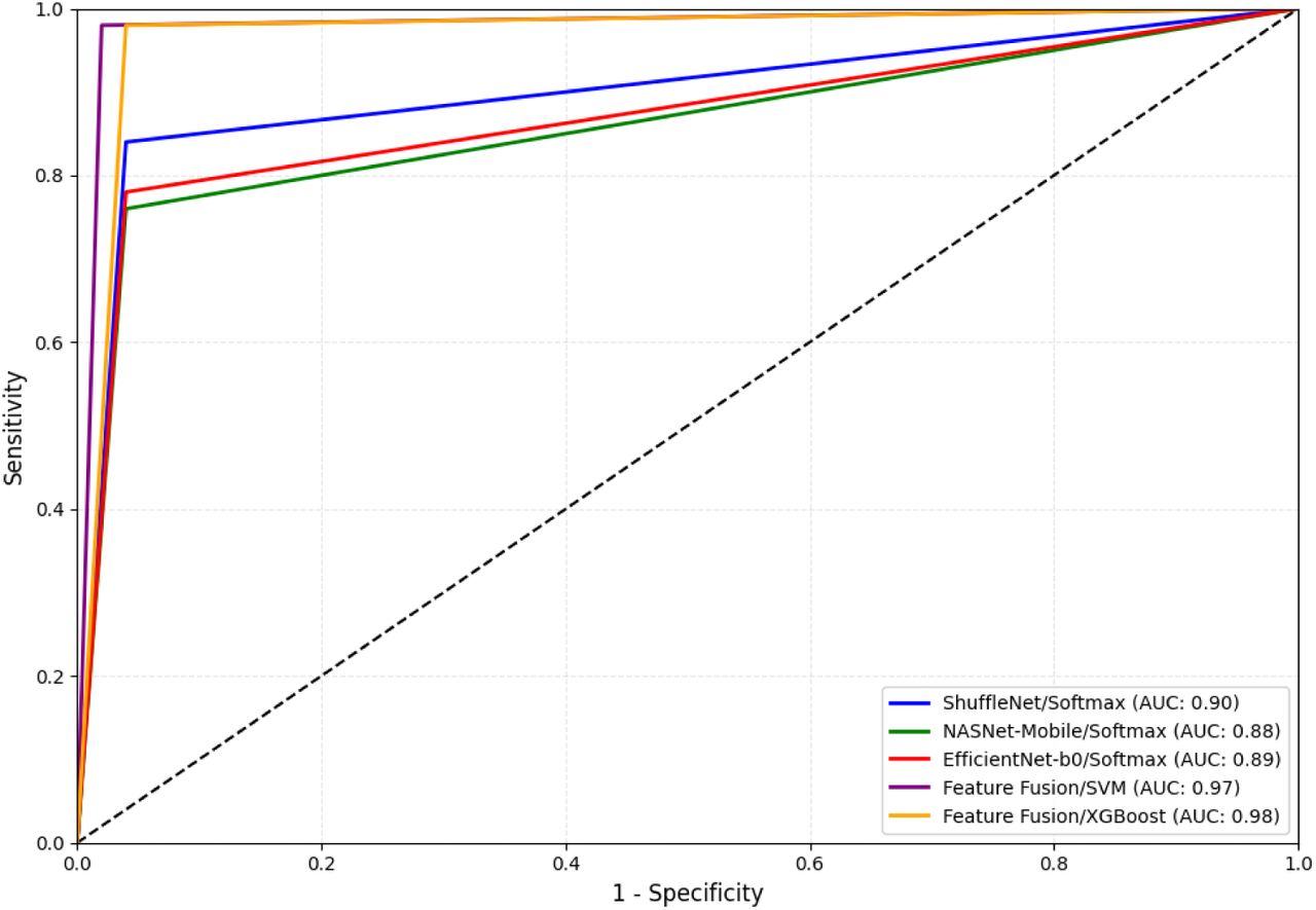 The ROC curve with its corresponding AUC values for the CAD system designed in the proposed work