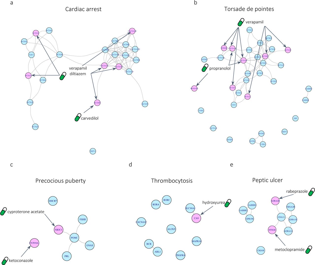 Subnetworks of identified protein sets along with indicated drugs that target them;(a) precocious puberty, (b) thrombocytosis, (c) peptic ulcer (d) torsade de pointes, and (e) cardiac arrest. Pink nodes are the proteins that are targeted by indicated drugs and blue nodes are the rest of the ADR-DP proteins.