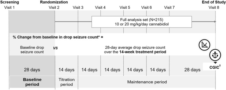 Schematic representation of the analysis design. *The baseline drop seizure count and average count during the treatment period were both calculated as seizure frequency per day and multiplied by 28 to give a 28-day average. †CGIC scores were collected at each visit throughout the study, but only CGIC scores at the end of study were used to anchor the change from baseline in drop seizure count, to identify the thresholds for clinically important response and minimal clinically important difference. CGIC, Caregiver Global Impression of Change